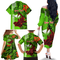 Personalised Hawaii Christmas Family Matching Off Shoulder Long Sleeve Dress and Hawaiian Shirt Mele Kalikimaka Kakau Polynesian Shark Tattoo - Wonder Print Shop