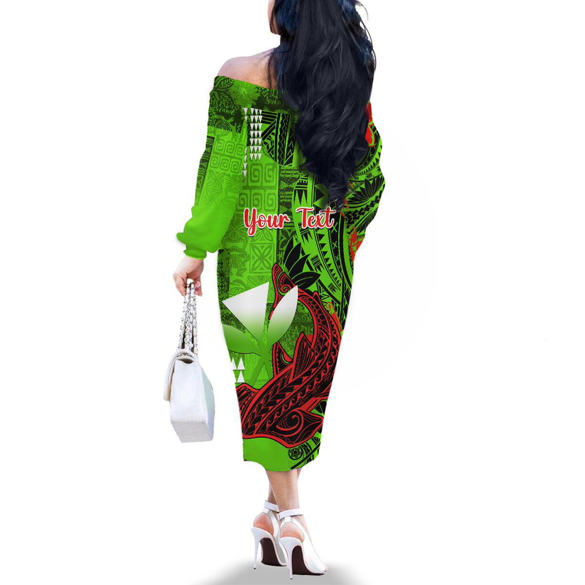 Personalised Hawaii Christmas Family Matching Off Shoulder Long Sleeve Dress and Hawaiian Shirt Mele Kalikimaka Kakau Polynesian Shark Tattoo - Wonder Print Shop