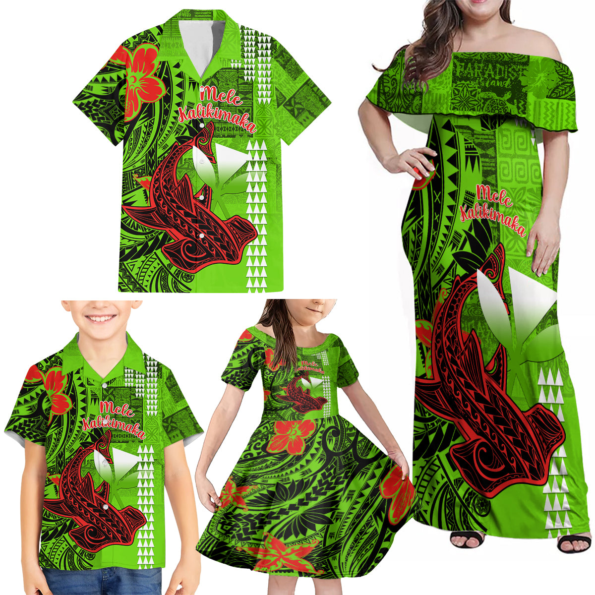 Personalised Hawaii Christmas Family Matching Off Shoulder Maxi Dress and Hawaiian Shirt Mele Kalikimaka Kakau Polynesian Shark Tattoo - Wonder Print Shop