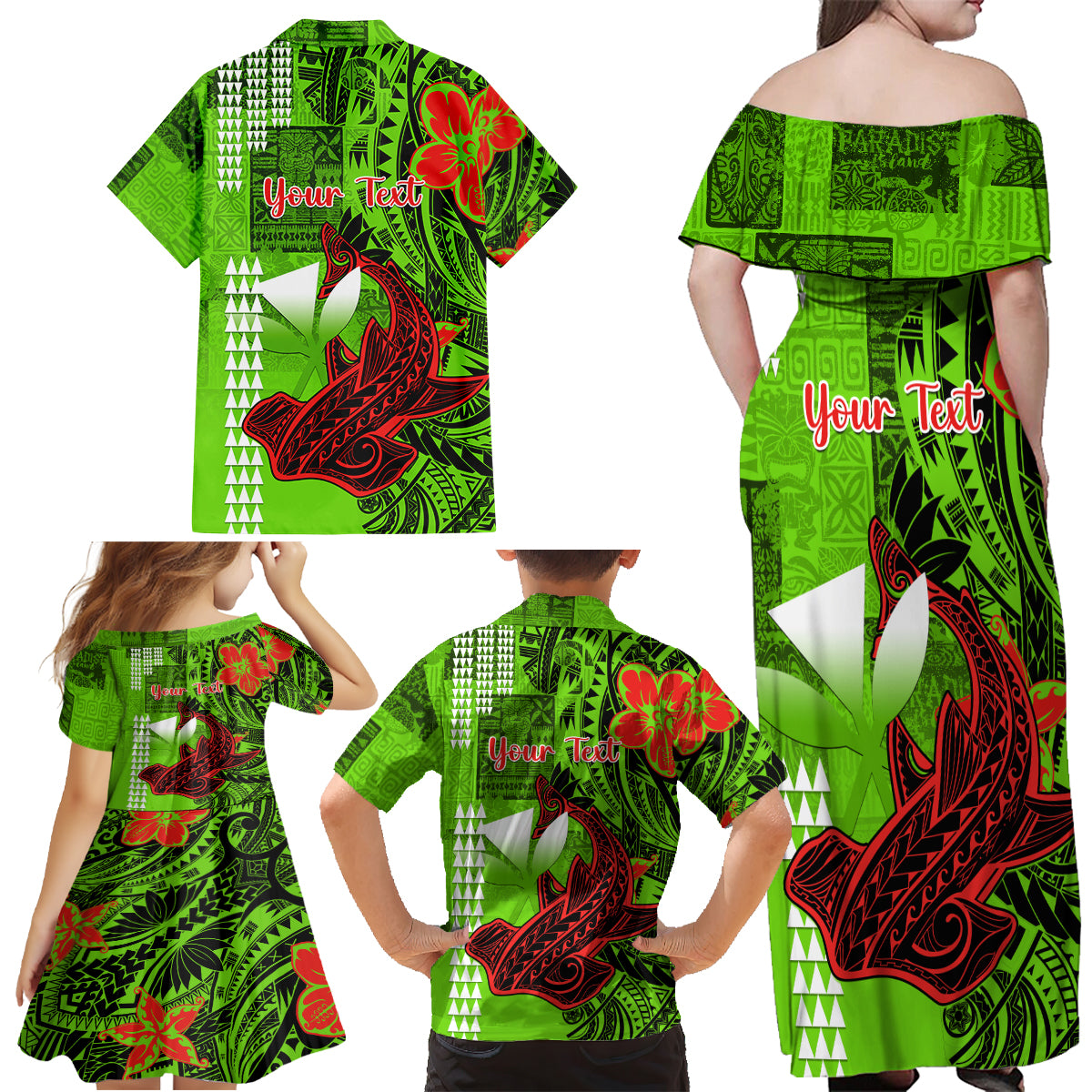 Personalised Hawaii Christmas Family Matching Off Shoulder Maxi Dress and Hawaiian Shirt Mele Kalikimaka Kakau Polynesian Shark Tattoo - Wonder Print Shop