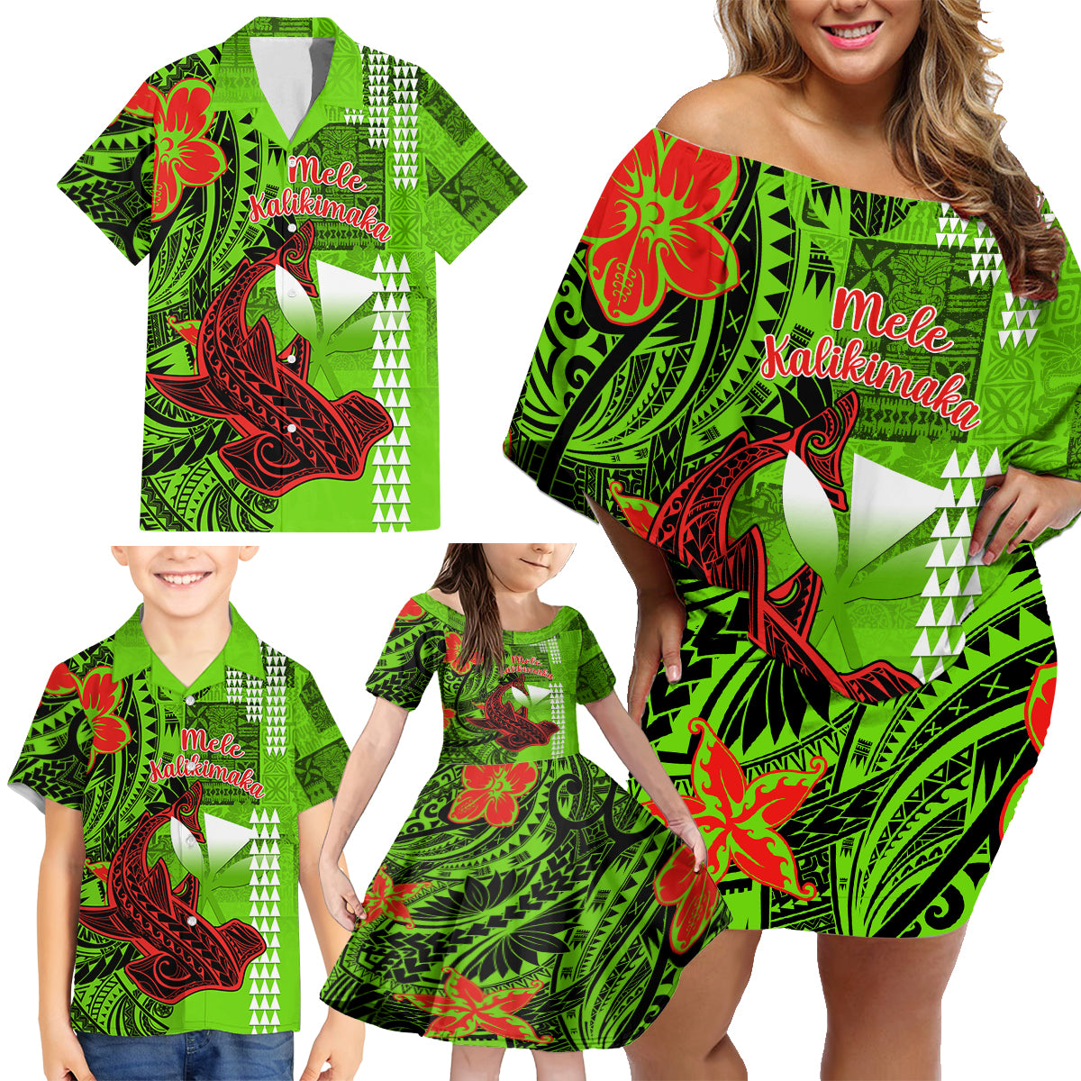 Personalised Hawaii Christmas Family Matching Off Shoulder Short Dress and Hawaiian Shirt Mele Kalikimaka Kakau Polynesian Shark Tattoo - Wonder Print Shop