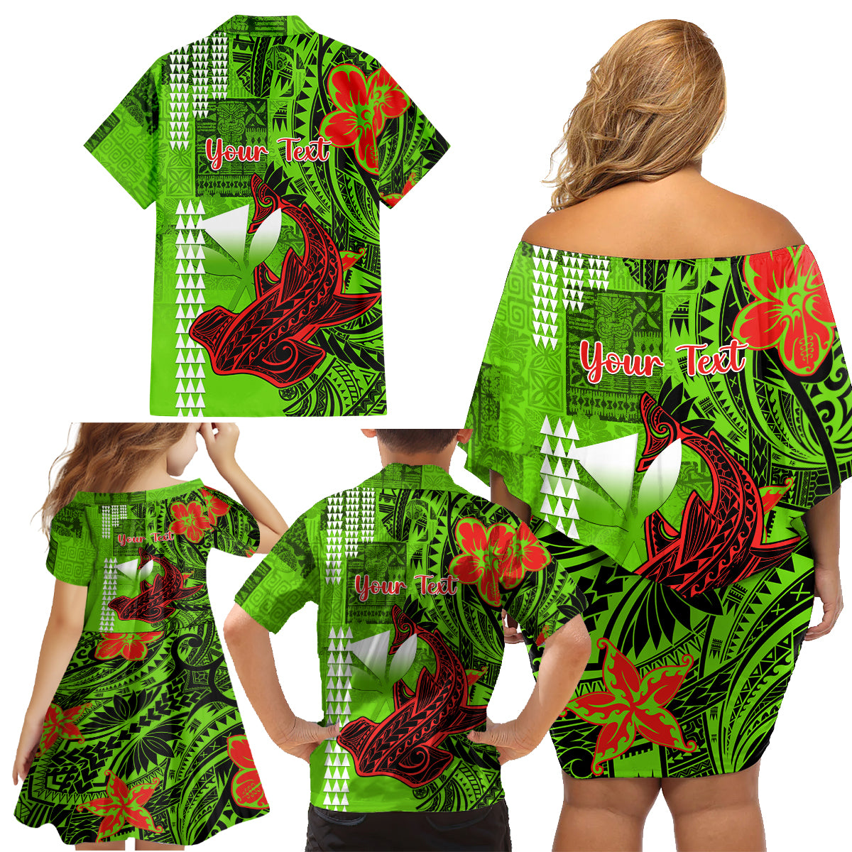 Personalised Hawaii Christmas Family Matching Off Shoulder Short Dress and Hawaiian Shirt Mele Kalikimaka Kakau Polynesian Shark Tattoo - Wonder Print Shop