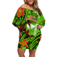 Personalised Hawaii Christmas Family Matching Off Shoulder Short Dress and Hawaiian Shirt Mele Kalikimaka Kakau Polynesian Shark Tattoo - Wonder Print Shop