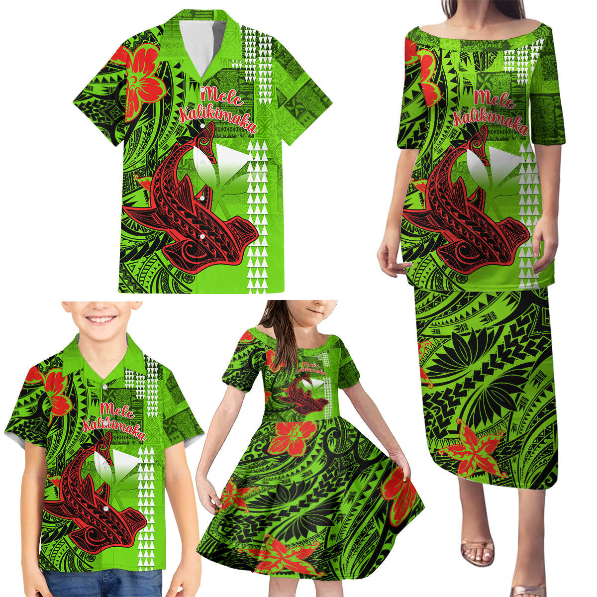 Personalised Hawaii Christmas Family Matching Puletasi Dress and Hawaiian Shirt Mele Kalikimaka Kakau Polynesian Shark Tattoo - Wonder Print Shop
