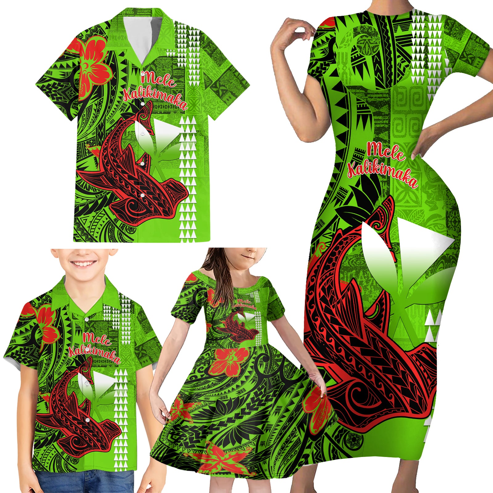 Personalised Hawaii Christmas Family Matching Short Sleeve Bodycon Dress and Hawaiian Shirt Mele Kalikimaka Kakau Polynesian Shark Tattoo - Wonder Print Shop