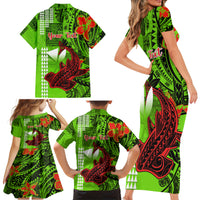 Personalised Hawaii Christmas Family Matching Short Sleeve Bodycon Dress and Hawaiian Shirt Mele Kalikimaka Kakau Polynesian Shark Tattoo - Wonder Print Shop