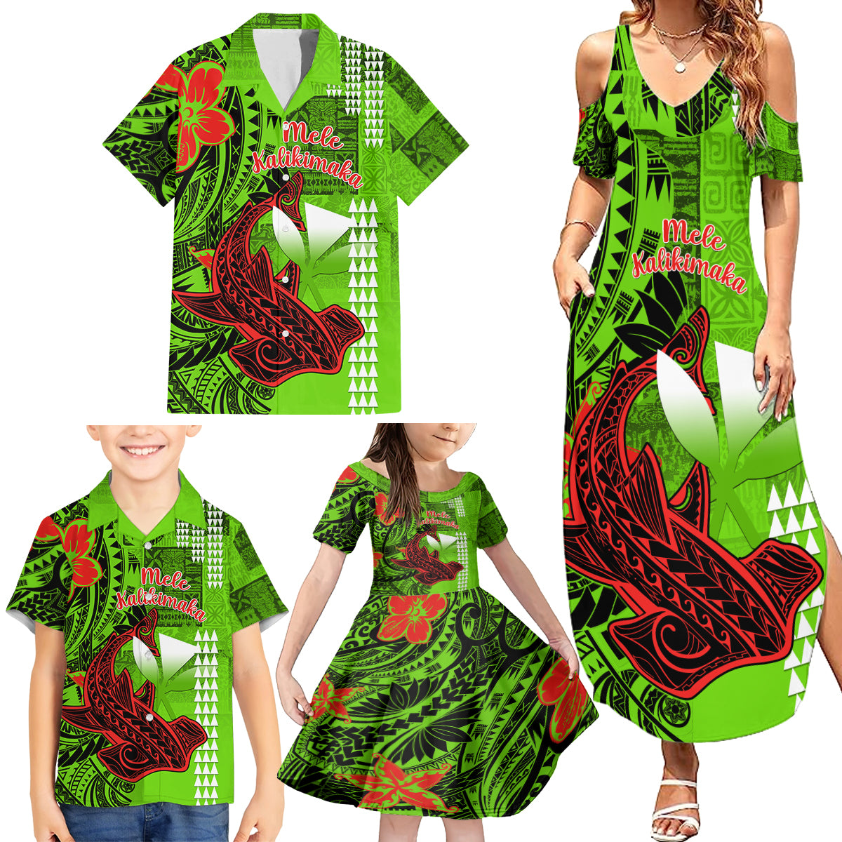 Personalised Hawaii Christmas Family Matching Summer Maxi Dress and Hawaiian Shirt Mele Kalikimaka Kakau Polynesian Shark Tattoo - Wonder Print Shop