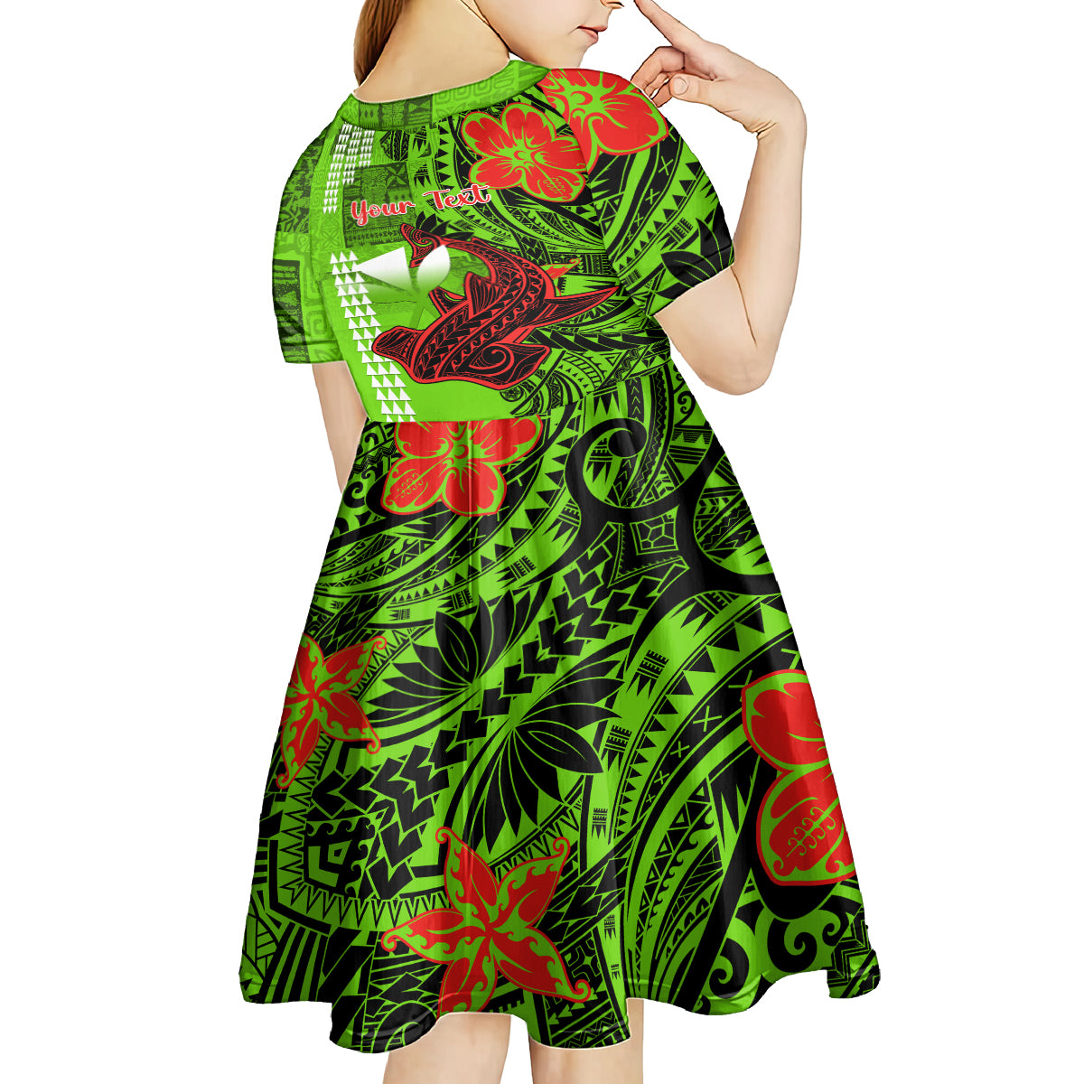 Personalised Hawaii Christmas Kid Short Sleeve Dress Mele Kalikimaka Kakau Polynesian Shark Tattoo - Wonder Print Shop