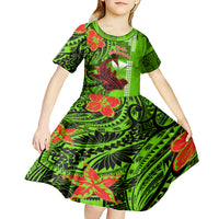 Personalised Hawaii Christmas Kid Short Sleeve Dress Mele Kalikimaka Kakau Polynesian Shark Tattoo - Wonder Print Shop