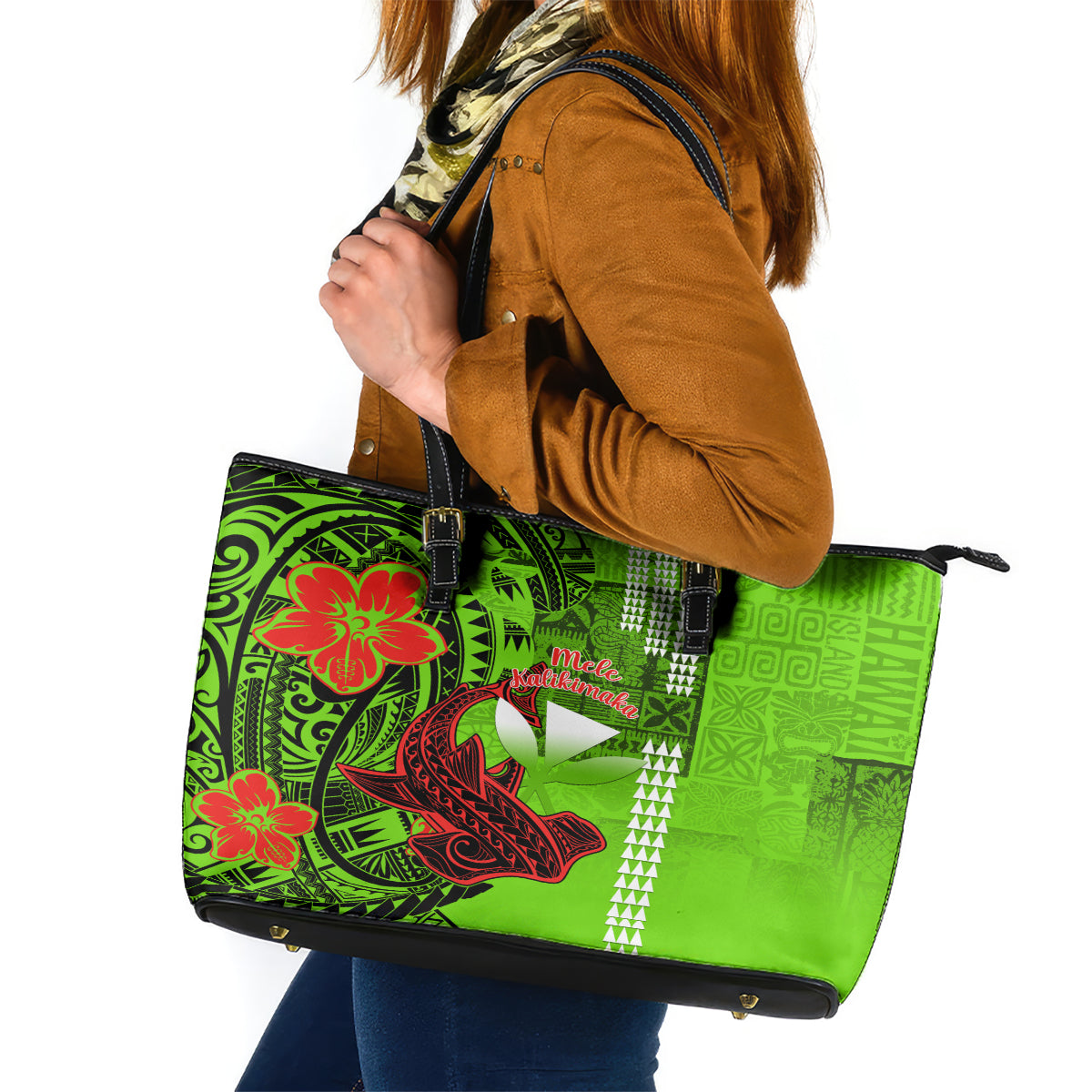 Personalised Hawaii Christmas Leather Tote Bag Mele Kalikimaka Kakau Polynesian Shark Tattoo - Wonder Print Shop