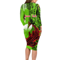 Personalised Hawaii Christmas Long Sleeve Bodycon Dress Mele Kalikimaka Kakau Polynesian Shark Tattoo - Wonder Print Shop