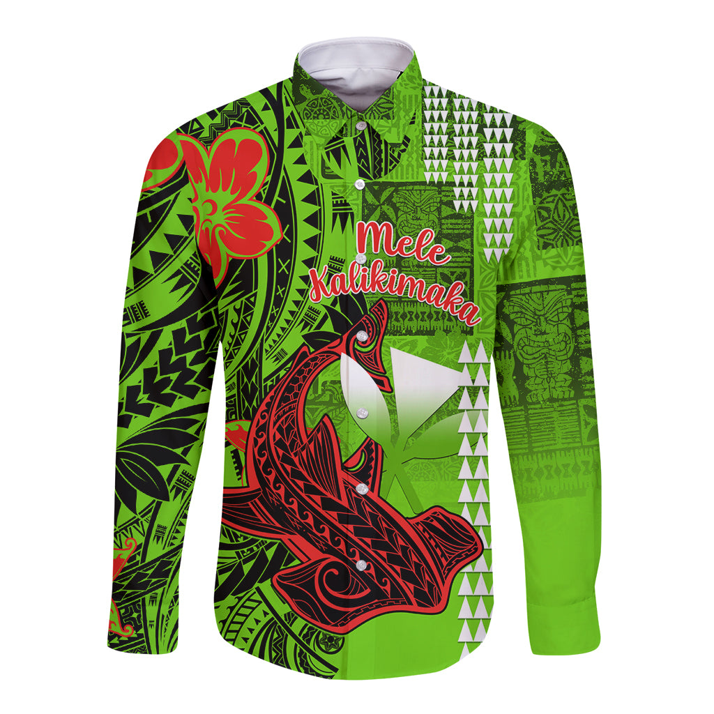 Personalised Hawaii Christmas Long Sleeve Button Shirt Mele Kalikimaka Kakau Polynesian Shark Tattoo - Wonder Print Shop