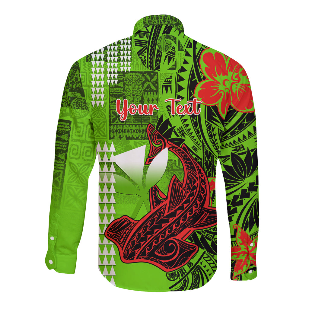 Personalised Hawaii Christmas Long Sleeve Button Shirt Mele Kalikimaka Kakau Polynesian Shark Tattoo - Wonder Print Shop