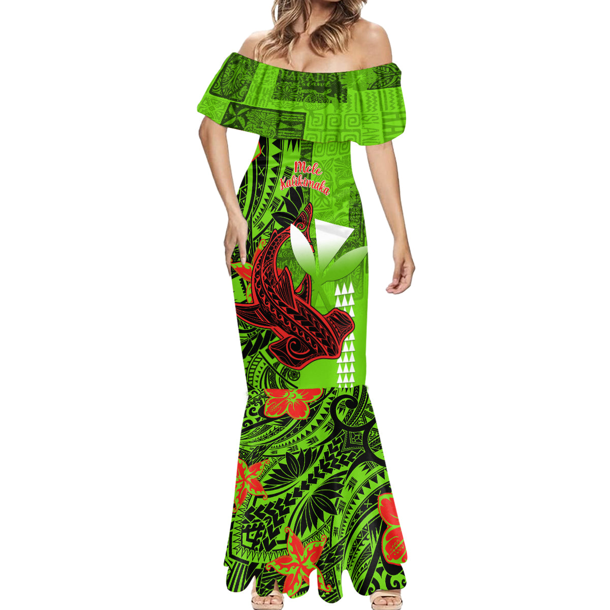 Personalised Hawaii Christmas Mermaid Dress Mele Kalikimaka Kakau Polynesian Shark Tattoo - Wonder Print Shop