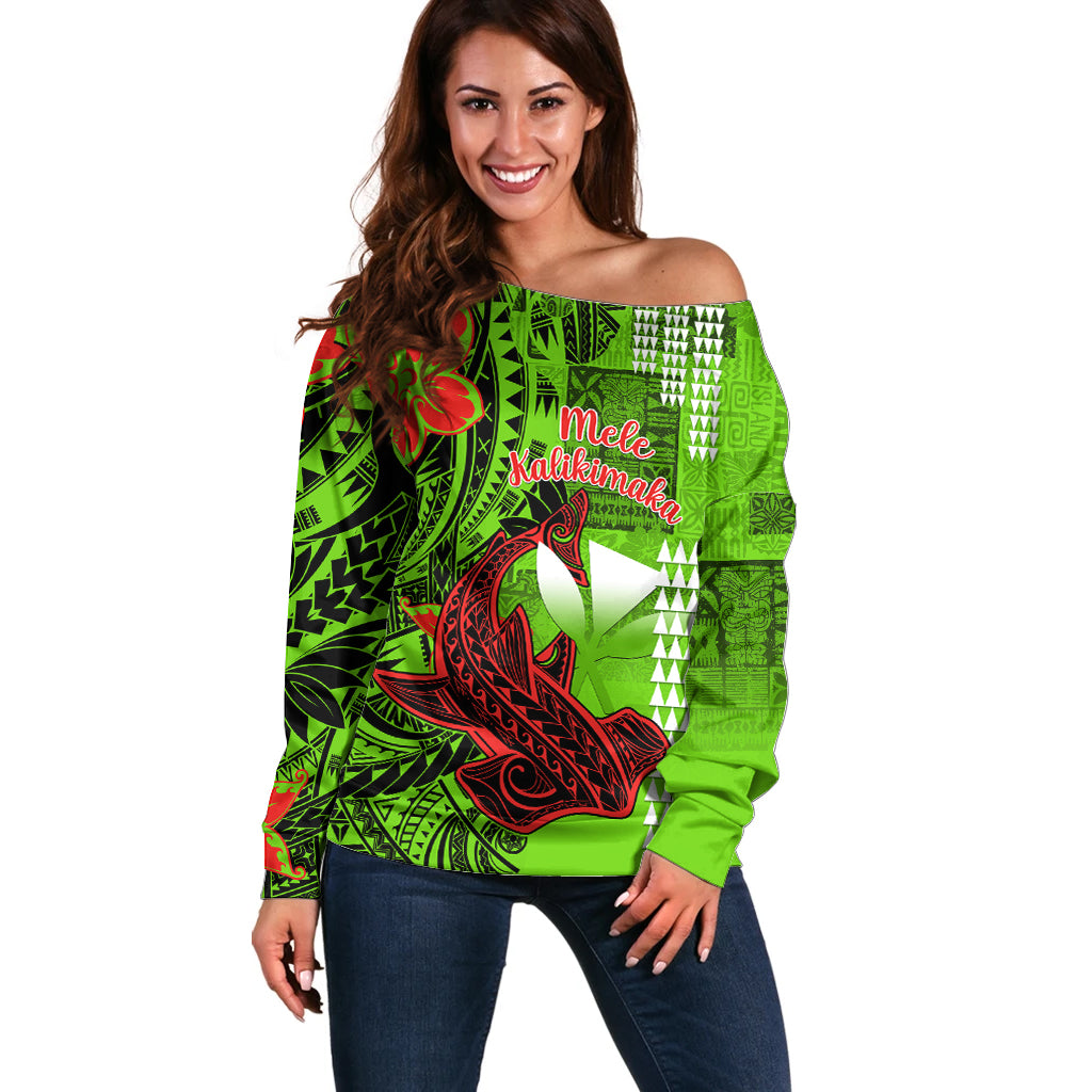Personalised Hawaii Christmas Off Shoulder Sweater Mele Kalikimaka Kakau Polynesian Shark Tattoo - Wonder Print Shop
