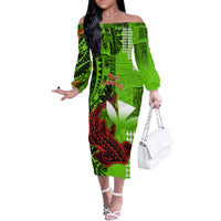 Personalised Hawaii Christmas Off The Shoulder Long Sleeve Dress Mele Kalikimaka Kakau Polynesian Shark Tattoo - Wonder Print Shop