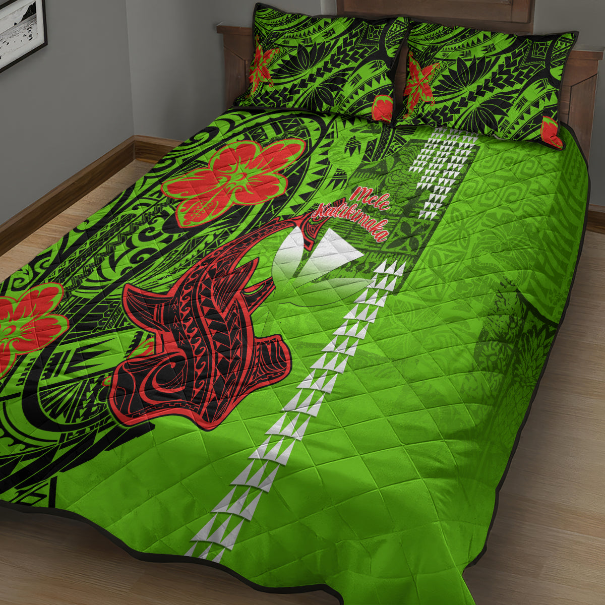 Personalised Hawaii Christmas Quilt Bed Set Mele Kalikimaka Kakau Polynesian Shark Tattoo - Wonder Print Shop