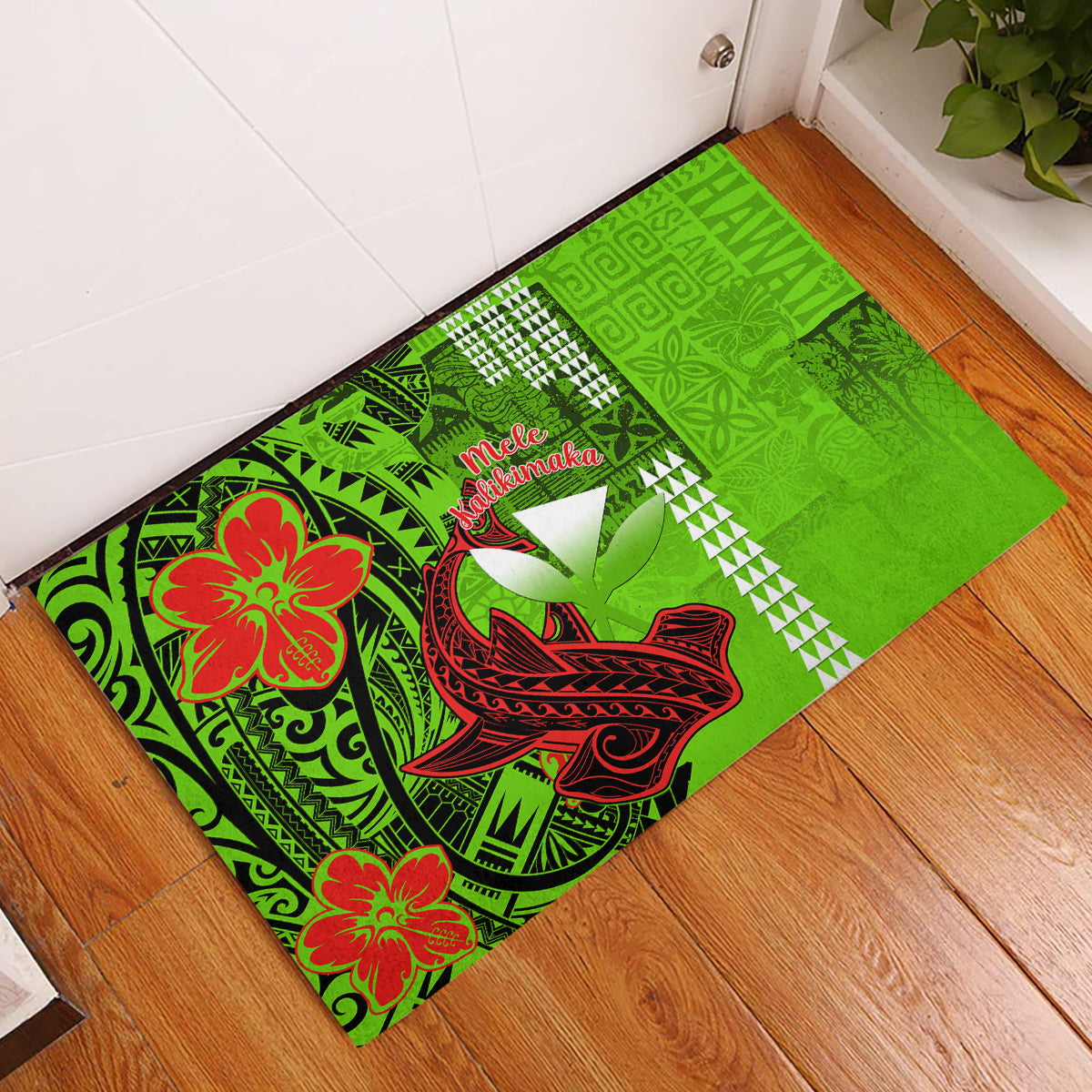 Personalised Hawaii Christmas Rubber Doormat Mele Kalikimaka Kakau Polynesian Shark Tattoo - Wonder Print Shop