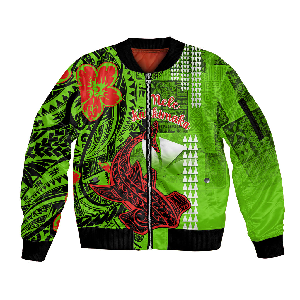 Personalised Hawaii Christmas Sleeve Zip Bomber Jacket Mele Kalikimaka Kakau Polynesian Shark Tattoo - Wonder Print Shop