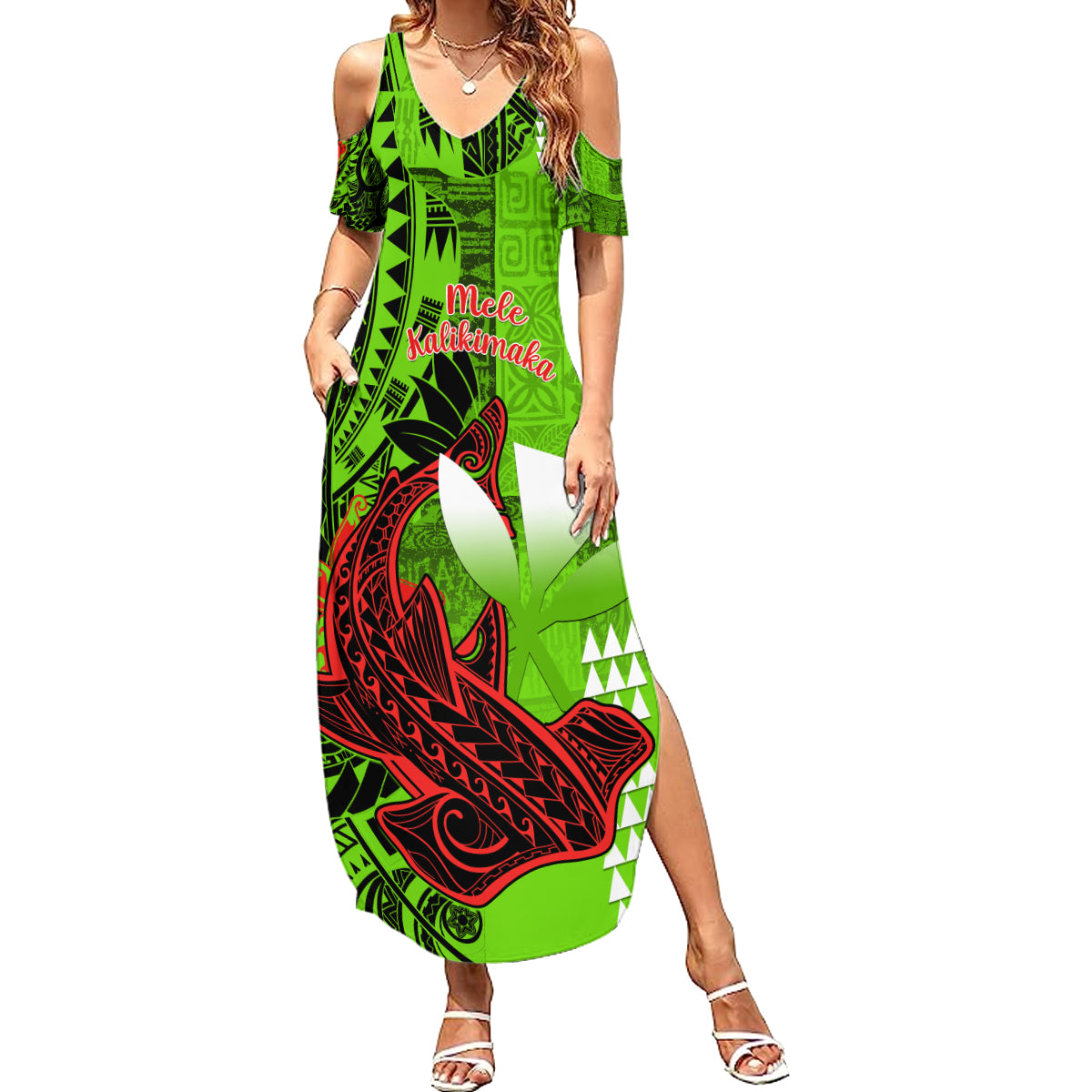 Personalised Hawaii Christmas Summer Maxi Dress Mele Kalikimaka Kakau Polynesian Shark Tattoo - Wonder Print Shop