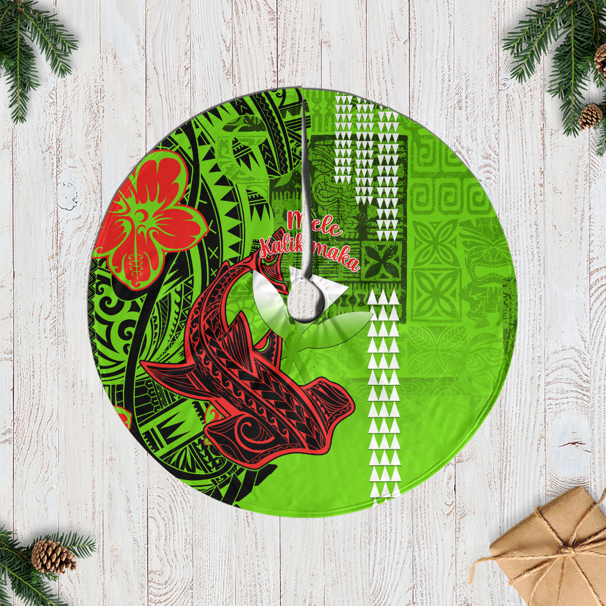 Hawaii Christmas Tree Skirt Mele Kalikimaka Kakau Polynesian Shark Tattoo - Wonder Print Shop