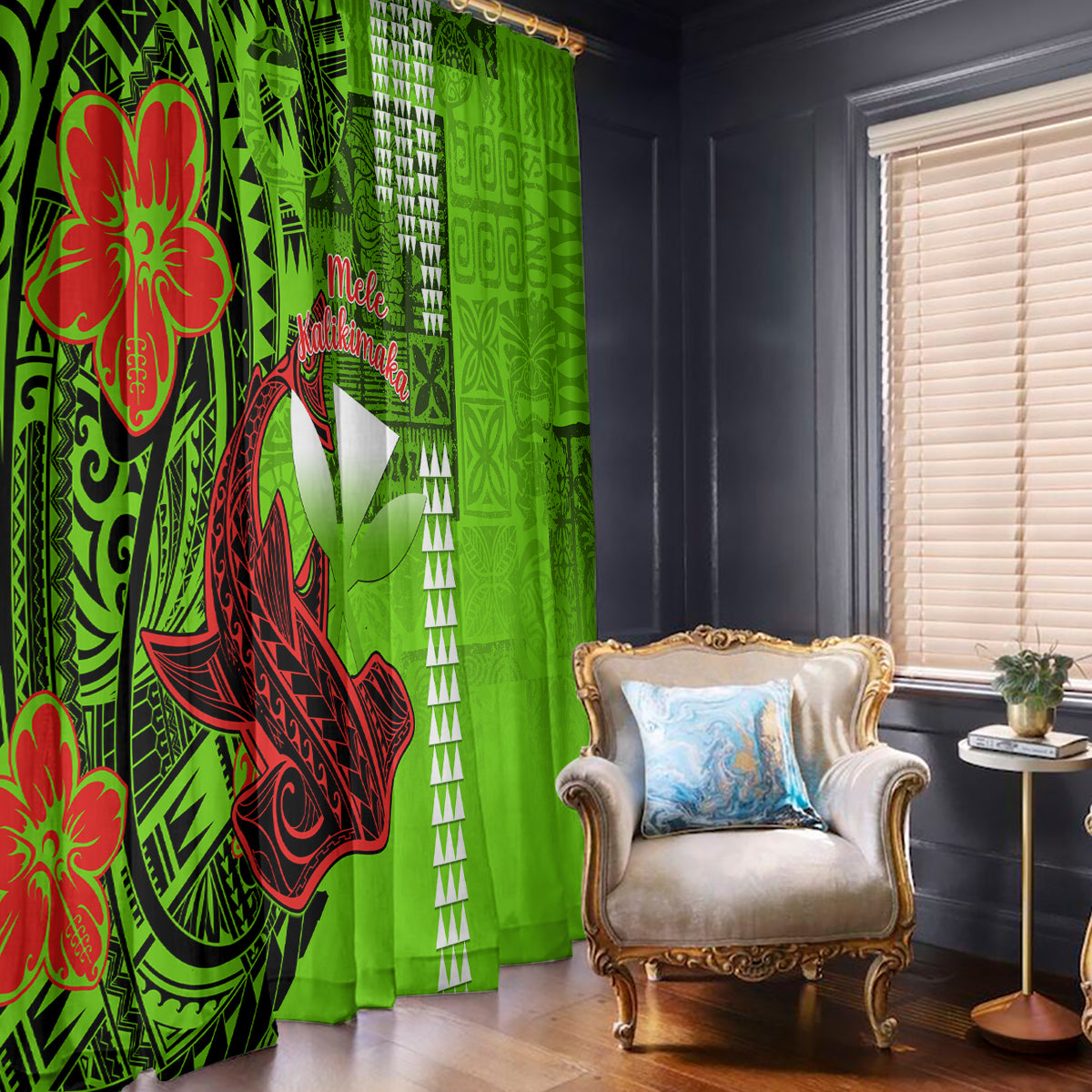 Personalised Hawaii Christmas Window Curtain Mele Kalikimaka Kakau Polynesian Shark Tattoo - Wonder Print Shop