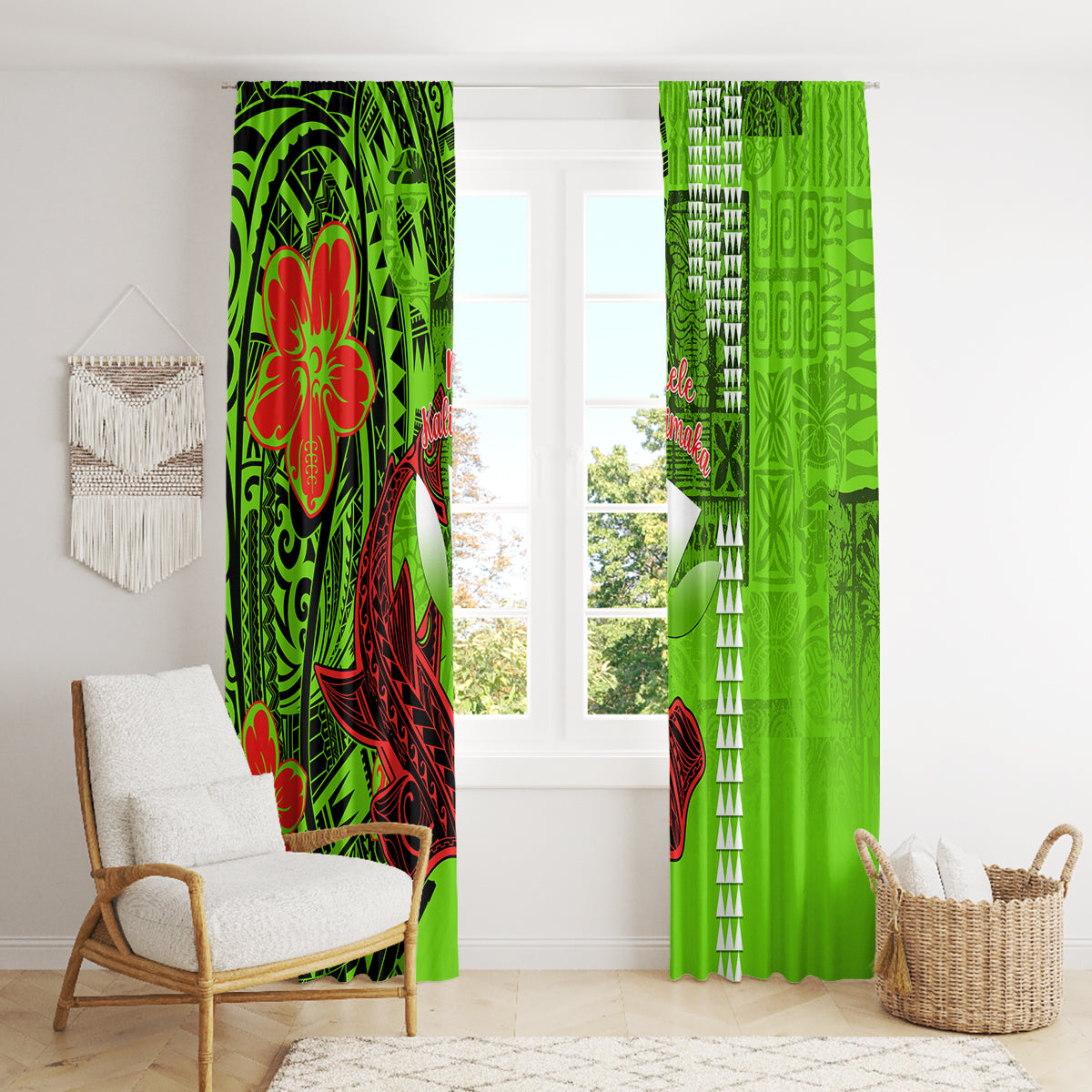 Personalised Hawaii Christmas Window Curtain Mele Kalikimaka Kakau Polynesian Shark Tattoo - Wonder Print Shop