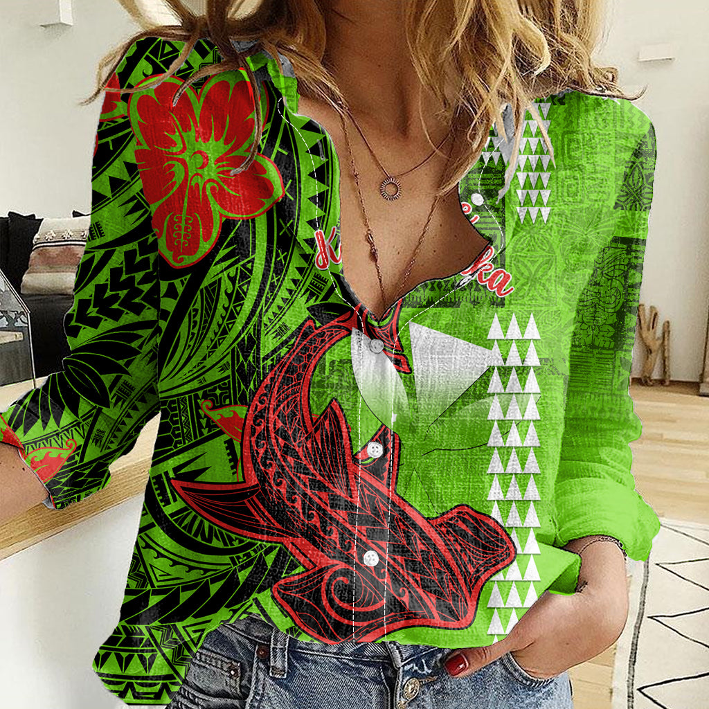 Personalised Hawaii Christmas Women Casual Shirt Mele Kalikimaka Kakau Polynesian Shark Tattoo - Wonder Print Shop