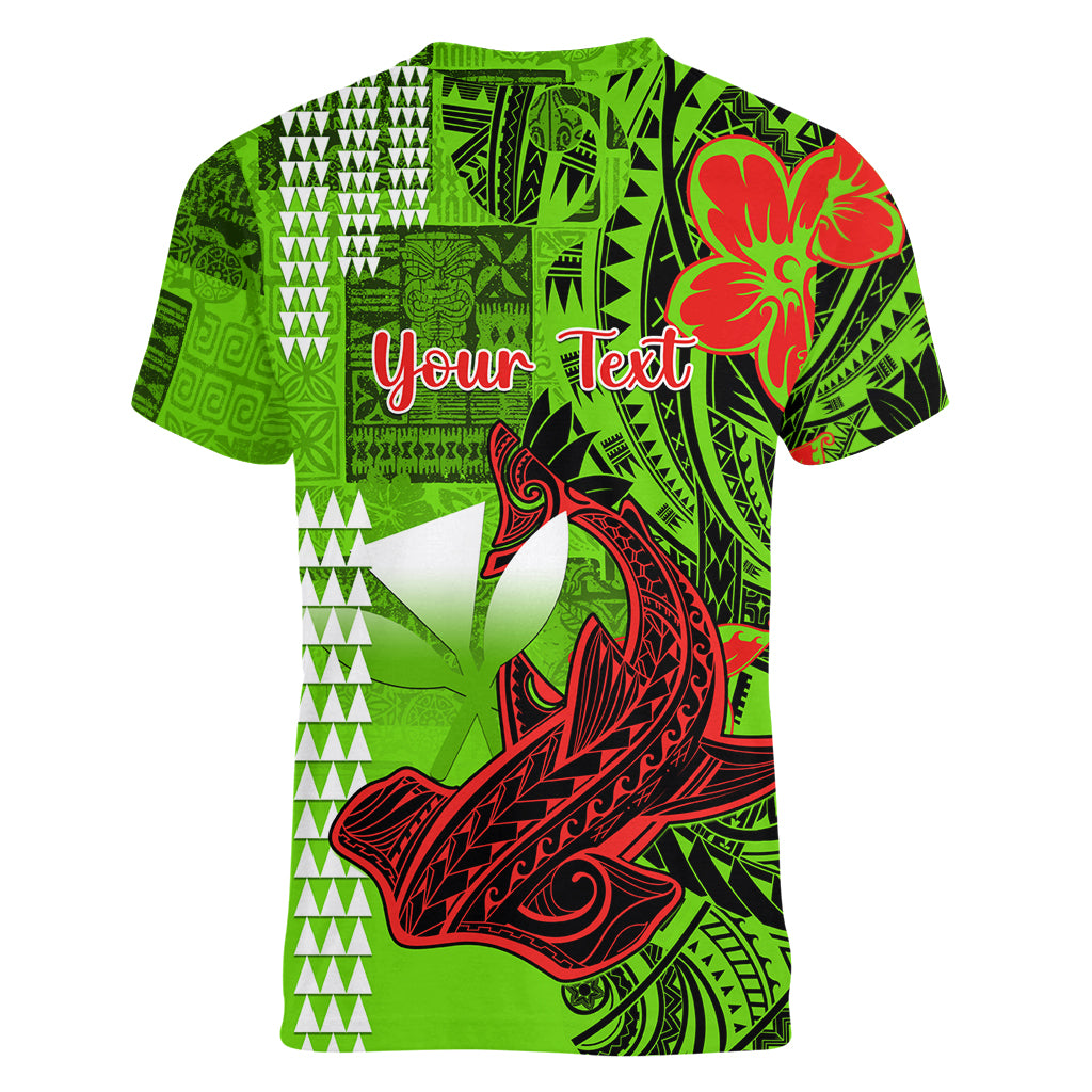 Personalised Hawaii Christmas Women V Neck T Shirt Mele Kalikimaka Kakau Polynesian Shark Tattoo - Wonder Print Shop