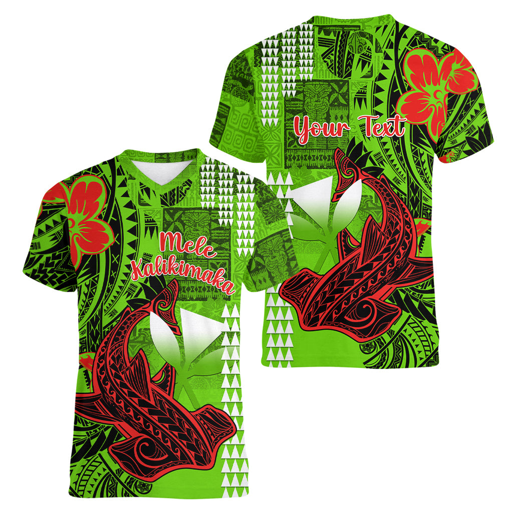Personalised Hawaii Christmas Women V Neck T Shirt Mele Kalikimaka Kakau Polynesian Shark Tattoo - Wonder Print Shop