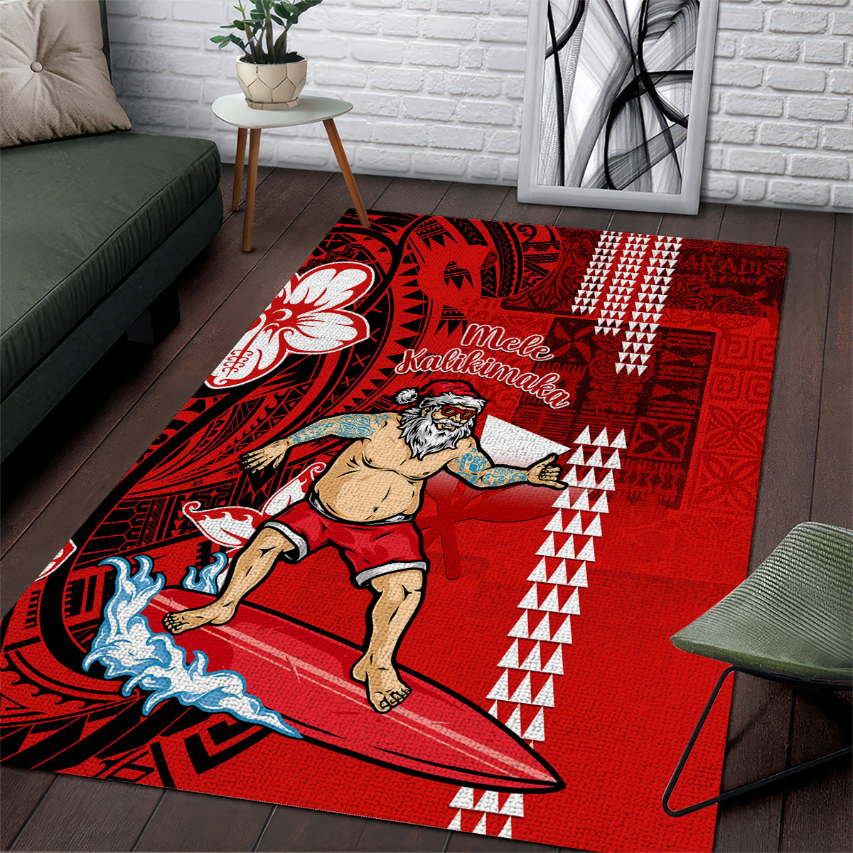 Personalised Hawaii Christmas Area Rug Mele Kalikimaka Surfing Santa Claus - Wonder Print Shop