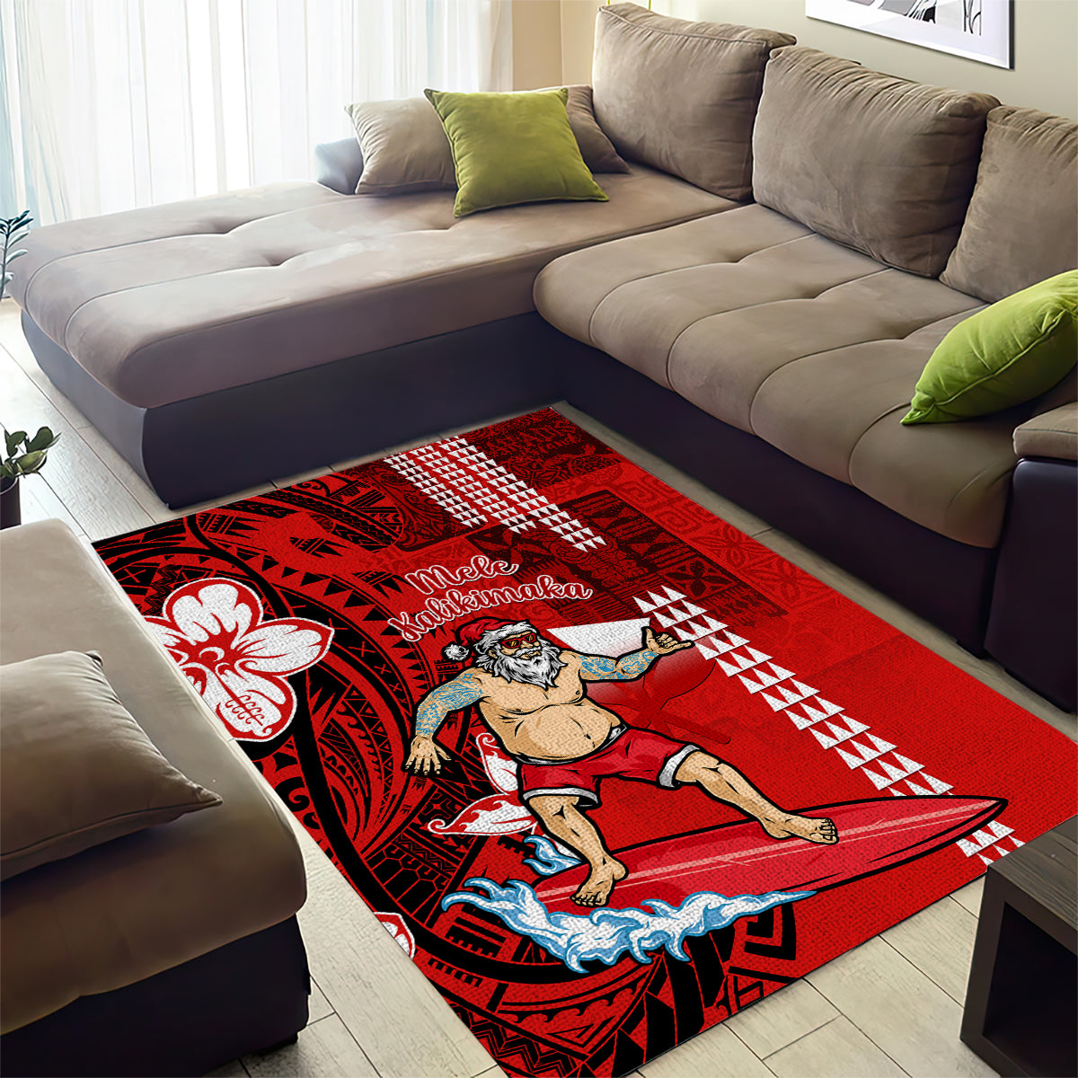 Personalised Hawaii Christmas Area Rug Mele Kalikimaka Surfing Santa Claus - Wonder Print Shop