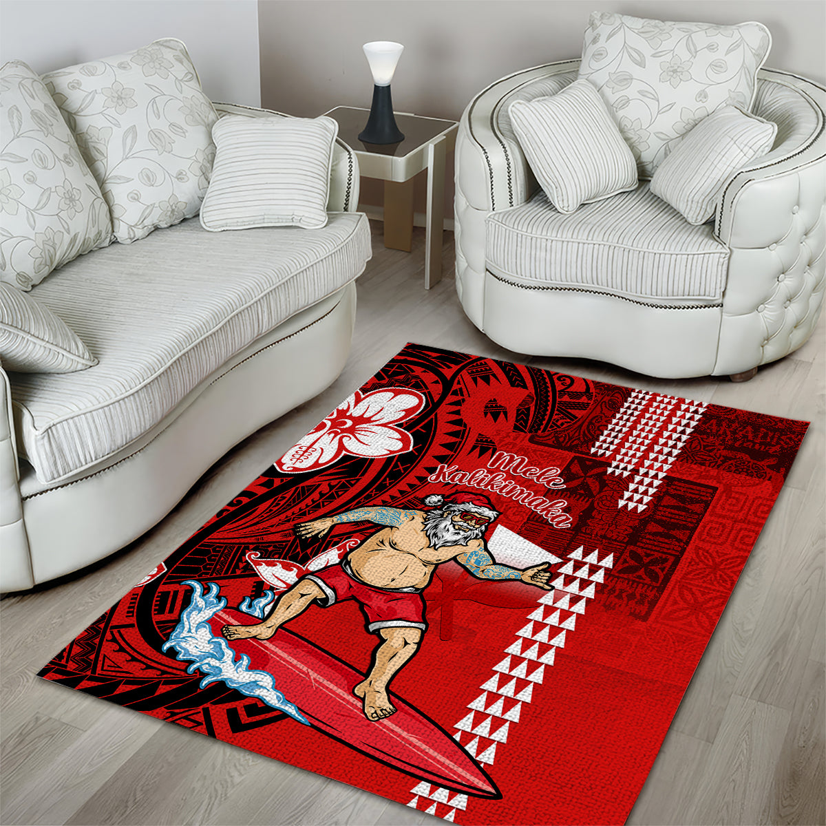 Personalised Hawaii Christmas Area Rug Mele Kalikimaka Surfing Santa Claus - Wonder Print Shop
