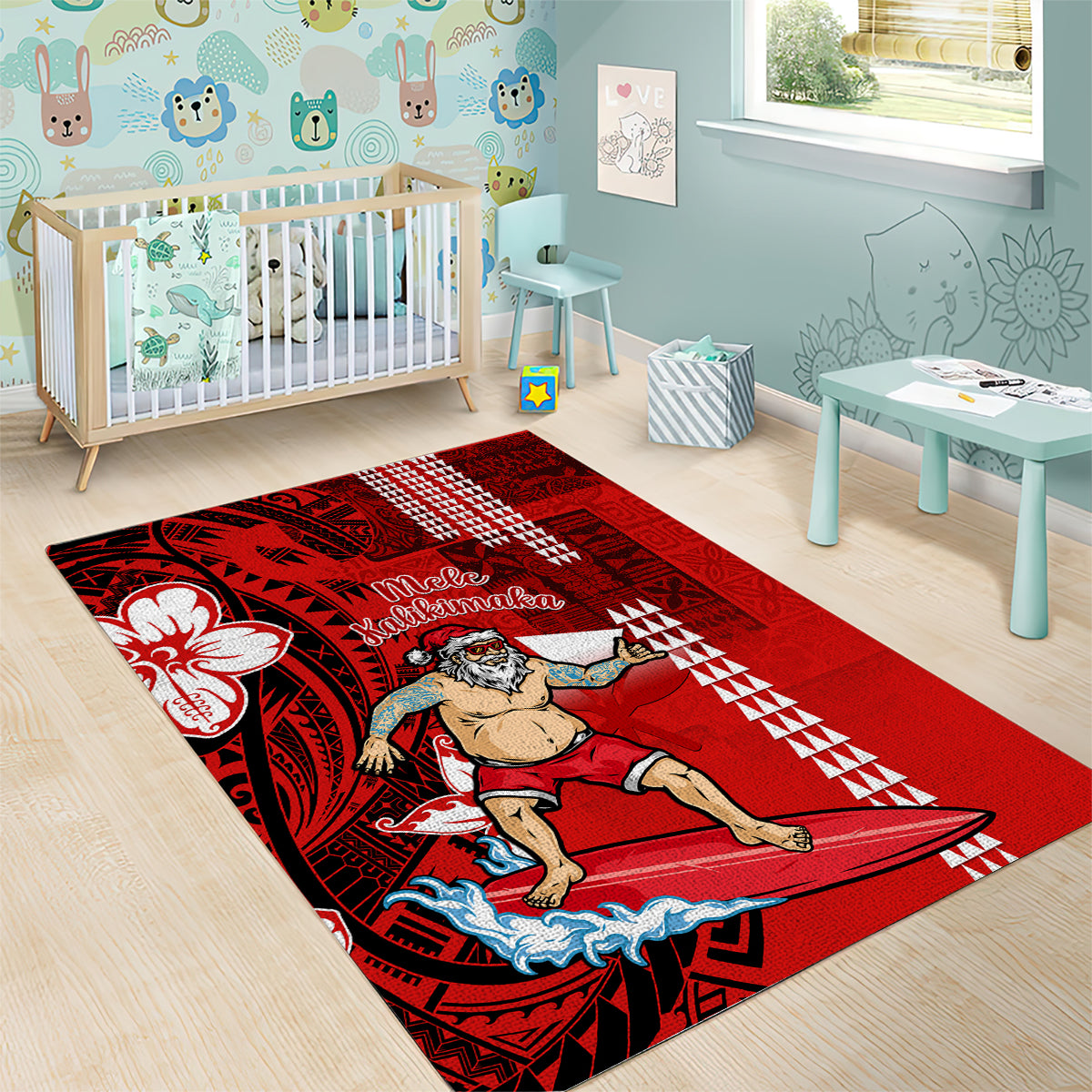 Personalised Hawaii Christmas Area Rug Mele Kalikimaka Surfing Santa Claus - Wonder Print Shop