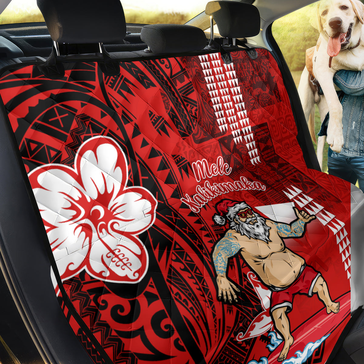 Personalised Hawaii Christmas Back Car Seat Cover Mele Kalikimaka Surfing Santa Claus - Wonder Print Shop