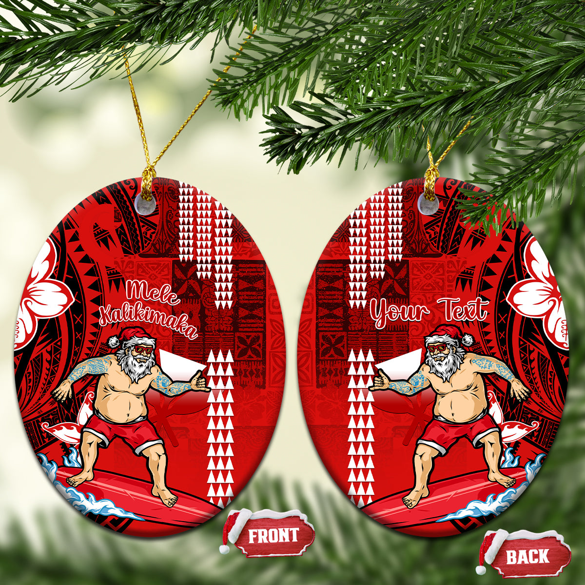 Personalised Hawaii Christmas Ceramic Ornament Mele Kalikimaka Surfing Santa Claus - Wonder Print Shop
