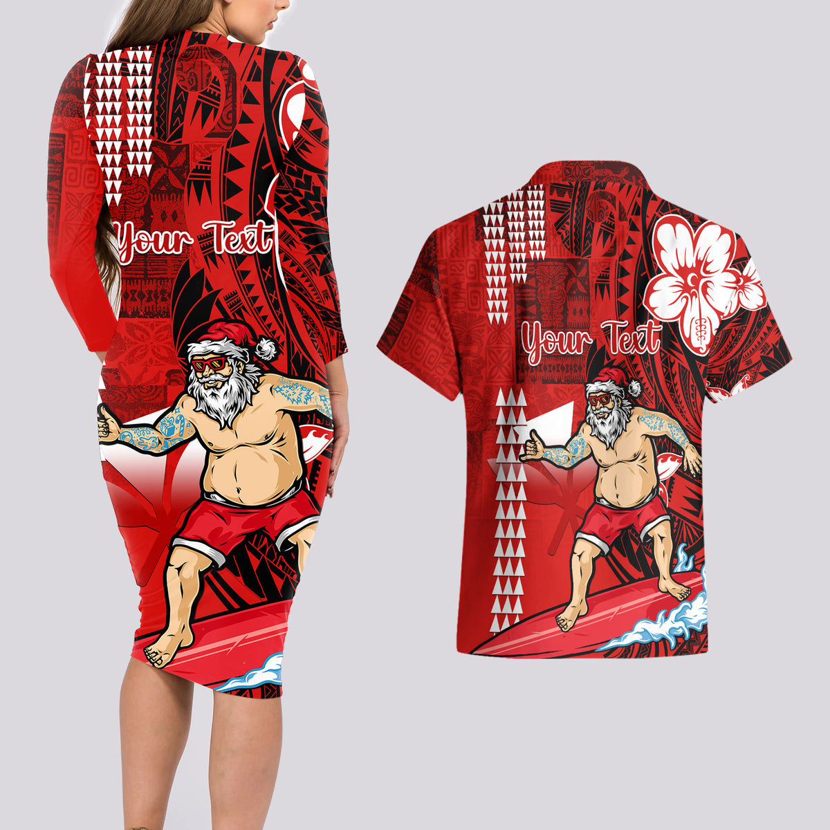 Personalised Hawaii Christmas Couples Matching Long Sleeve Bodycon Dress and Hawaiian Shirt Mele Kalikimaka Surfing Santa Claus - Wonder Print Shop