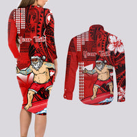Personalised Hawaii Christmas Couples Matching Long Sleeve Bodycon Dress and Long Sleeve Button Shirts Mele Kalikimaka Surfing Santa Claus - Wonder Print Shop