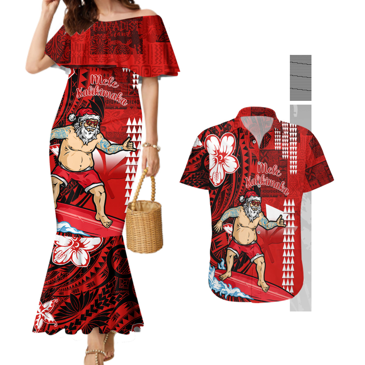 Personalised Hawaii Christmas Couples Matching Mermaid Dress and Hawaiian Shirt Mele Kalikimaka Surfing Santa Claus - Wonder Print Shop