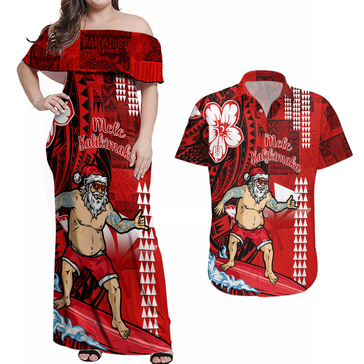 Personalised Hawaii Christmas Couples Matching Off Shoulder Maxi Dress and Hawaiian Shirt Mele Kalikimaka Surfing Santa Claus - Wonder Print Shop