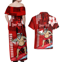Personalised Hawaii Christmas Couples Matching Off Shoulder Maxi Dress and Hawaiian Shirt Mele Kalikimaka Surfing Santa Claus - Wonder Print Shop