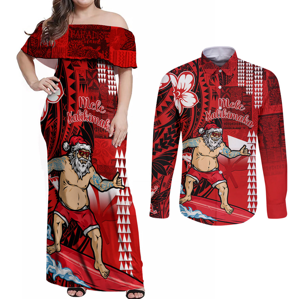 Personalised Hawaii Christmas Couples Matching Off Shoulder Maxi Dress and Long Sleeve Button Shirts Mele Kalikimaka Surfing Santa Claus - Wonder Print Shop
