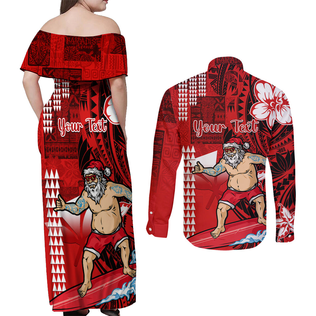 Personalised Hawaii Christmas Couples Matching Off Shoulder Maxi Dress and Long Sleeve Button Shirts Mele Kalikimaka Surfing Santa Claus - Wonder Print Shop