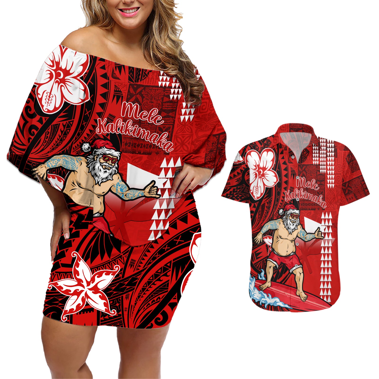 Personalised Hawaii Christmas Couples Matching Off Shoulder Short Dress and Hawaiian Shirt Mele Kalikimaka Surfing Santa Claus - Wonder Print Shop