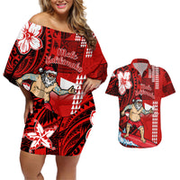 Personalised Hawaii Christmas Couples Matching Off Shoulder Short Dress and Hawaiian Shirt Mele Kalikimaka Surfing Santa Claus - Wonder Print Shop