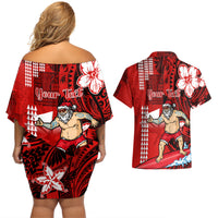 Personalised Hawaii Christmas Couples Matching Off Shoulder Short Dress and Hawaiian Shirt Mele Kalikimaka Surfing Santa Claus - Wonder Print Shop