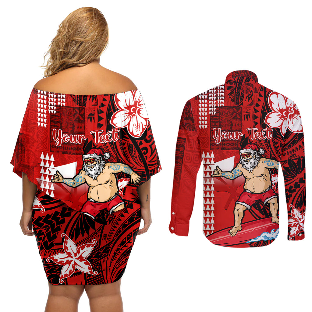 Personalised Hawaii Christmas Couples Matching Off Shoulder Short Dress and Long Sleeve Button Shirts Mele Kalikimaka Surfing Santa Claus - Wonder Print Shop