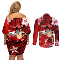 Personalised Hawaii Christmas Couples Matching Off Shoulder Short Dress and Long Sleeve Button Shirts Mele Kalikimaka Surfing Santa Claus - Wonder Print Shop