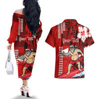 Personalised Hawaii Christmas Couples Matching Off The Shoulder Long Sleeve Dress and Hawaiian Shirt Mele Kalikimaka Surfing Santa Claus - Wonder Print Shop