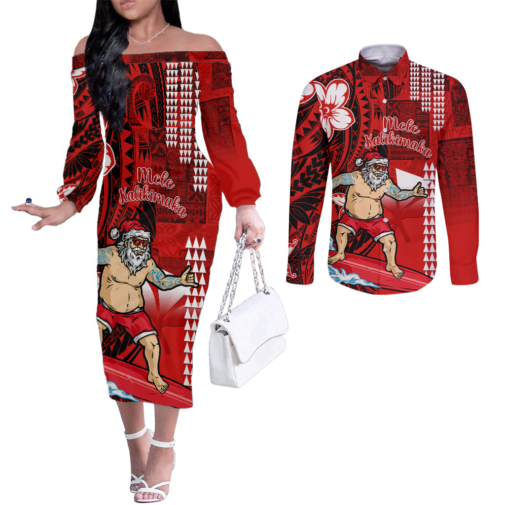 personalised-hawaii-christmas-couples-matching-off-the-shoulder-long-sleeve-dress-and-long-sleeve-button-shirts-mele-kalikimaka-surfing-santa-claus